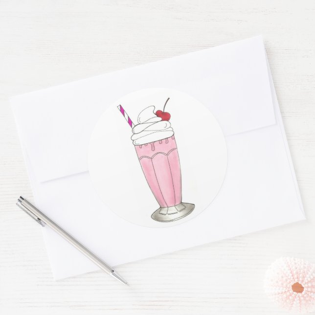 Adesivo Redondo Sorvete Comprar Morango Rosa Milkshake Foodie (Envelope)