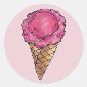 Adesivo Redondo Sorvete de Morango Rosa Waffle Cone Scoop Foodie