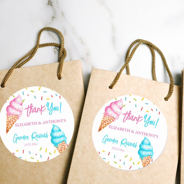Adesivo Redondo Sorvete gênero revela obrigado (Ice cream gender reveal favor gift stickers pink and blue ice cream thank you stickers)