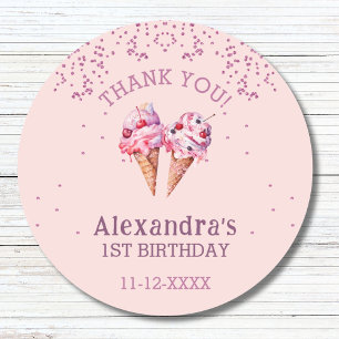 Adesivo Redondo Sorvete Menina Rosa 1º Aniversário Obrigada