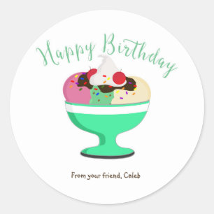 Adesivo Redondo Sorvete Sundae Happy Birthday Party Sticker