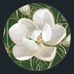 Adesivo Redondo Southern Magnolias Christmas<br><div class="desc">Um padrão requintado de Magnolias do Sul em brancos,  cinzentos e tons de ouro em fundo verde profundo. Use sozinho ou veja mais produtos com este design para coordenar sua aparência de decoração de feriado doméstico — ou para todo o ano. Por Surface Pattern Designer L Diane Johnson</div>