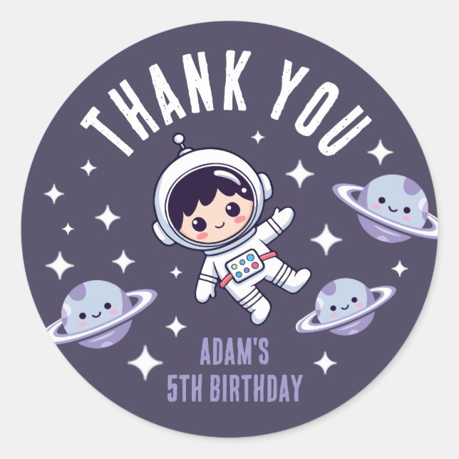 Adesivo Redondo Space Birthday Thank You | Cute Astronaut Galaxy  (Frente)