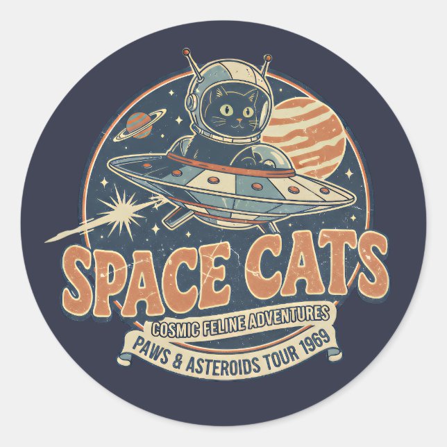 Adesivo Redondo Space Cats Astronaut Cat Galaxy Design (Frente)