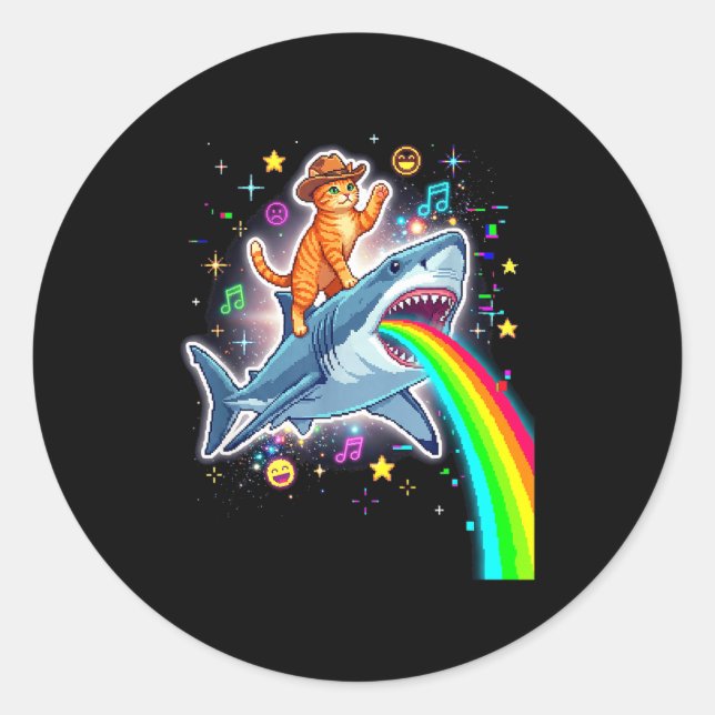Adesivo Redondo Space Cowboy Cat Riding Shark Rainbow Xel Art  (Frente)