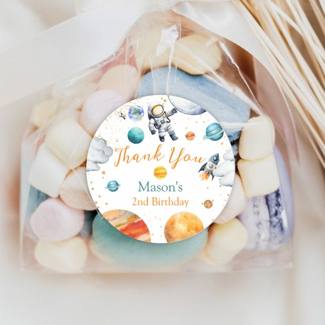 Adesivo Redondo Space Explorer Thank You Birthday Astronaut Planet (Criador carregado)