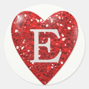 Adesivo Redondo Sparkle Heart Letter E in RED