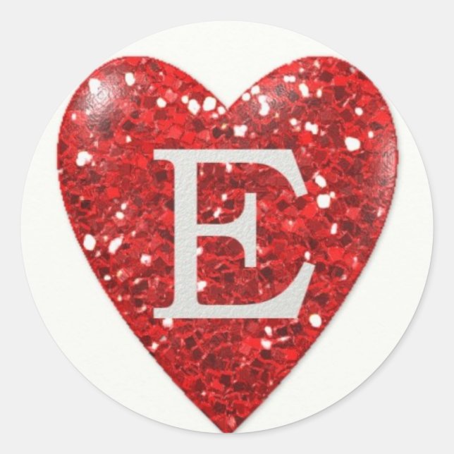 Adesivo Redondo Sparkle Heart Letter E in RED (Frente)
