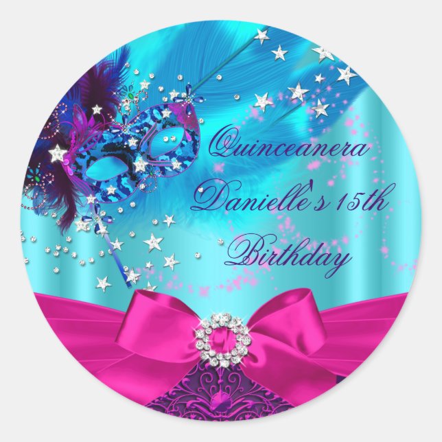 Adesivo Redondo Sparkle Mask & Arco Quinceanera Birthday Sticker (Frente)