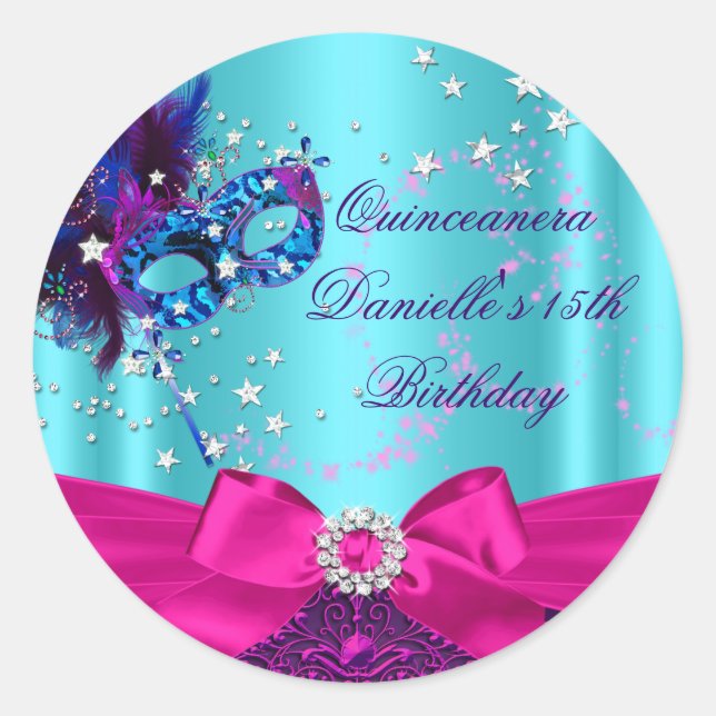 Adesivo Redondo Sparkle Mask & Arco Quinceanera Birthday Sticker (Frente)