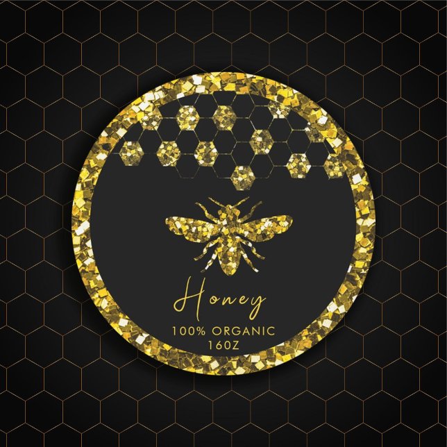 Adesivo Redondo Sparkle Sequin gold honeybee (#Luxurious #beelogo #honeylabel #goldframe #customlogobusinesssticker #etsybusinesssticker #sequin)