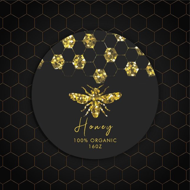 Adesivo Redondo Sparkle Sequin gold honeybee (#Luxurious #beelogo #honeylabel #goldframe #customlogobusinesssticker #etsybusinesssticker #sequin)