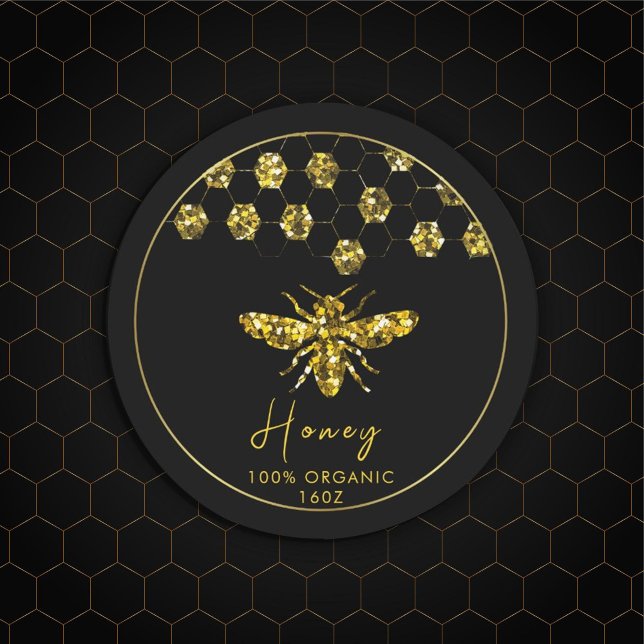 Adesivo Redondo Sparkle Sequin gold honeybee (#Luxurious #beelogo #honeylabel #goldframe #customlogobusinesssticker #etsybusinesssticker #sequin)