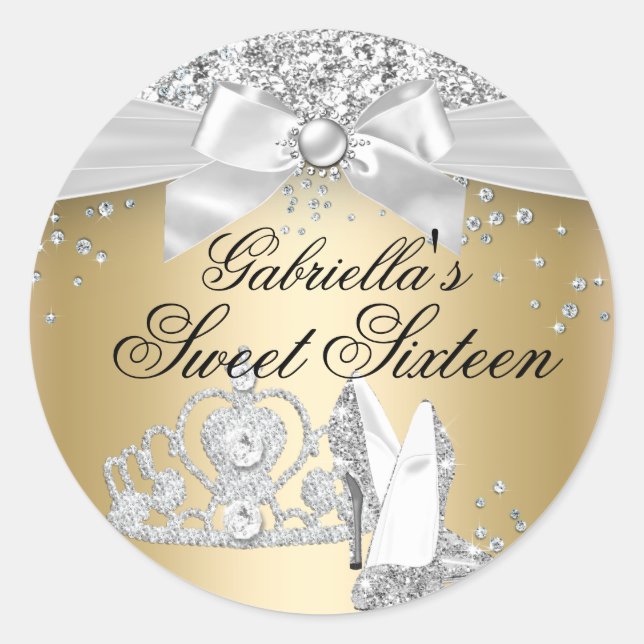 Adesivo Redondo Sparkle Tiara Heels Dourado Sweet 16 Sticker (Frente)