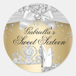Adesivo Redondo Sparkle Tiara Heels Dourado Sweet 16 Sticker