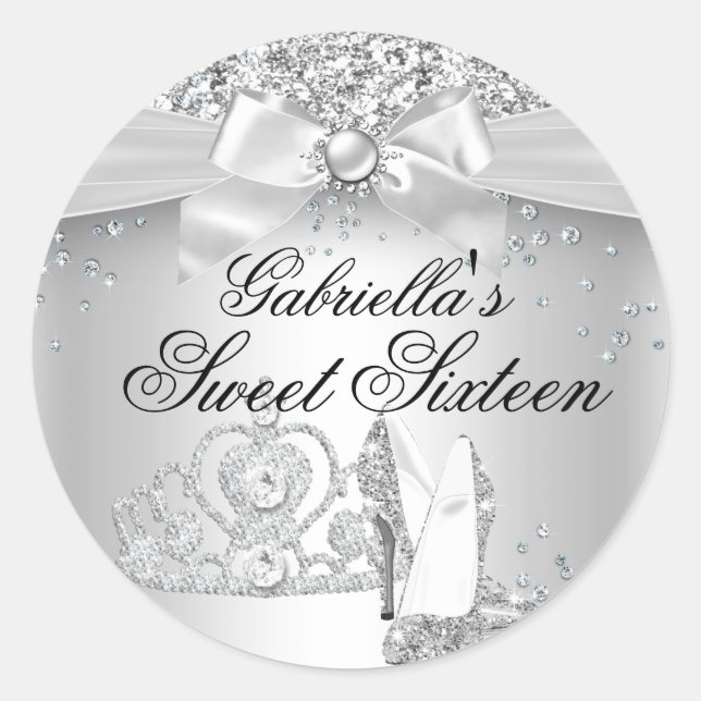 Adesivo Redondo Sparkle Tiara & Heels Silver Sweet 16 Sticker (Frente)