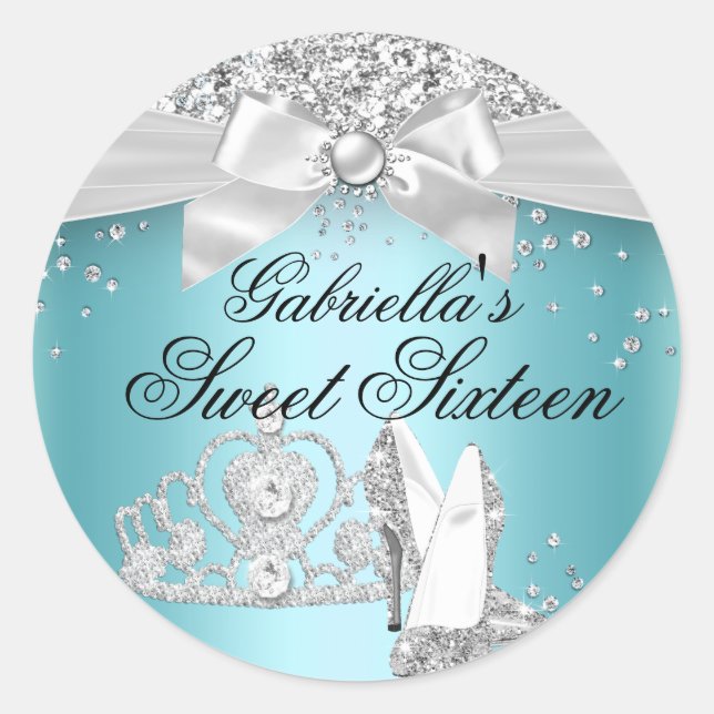 Adesivo Redondo Sparkle Tiara Heels Teal Sweet 16 Sticker (Frente)