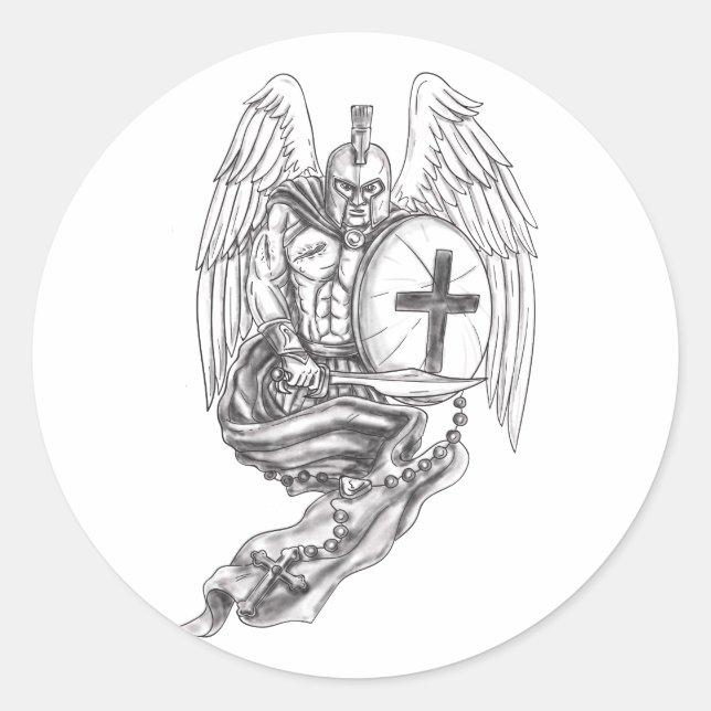 Adesivo Redondo Spartan Warrior Angel Shield Rosary Tattoo (Frente)