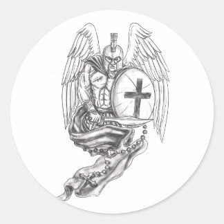 Adesivo Redondo Spartan Warrior Angel Shield Rosary Tattoo