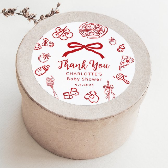Adesivo Redondo Special Delivery Whimsical Red Bow Baby Shower (Criador carregado)
