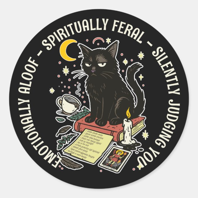 Adesivo Redondo Spiritually Feral Cat: Emotinally Aloof, Judging (Frente)