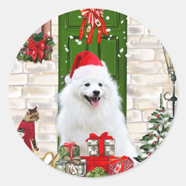 Adesivo Redondo Spitz Dog Christmas (Frente)