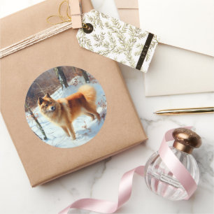 Adesivo Redondo Spitz Finlandês Deixou Neve Natal