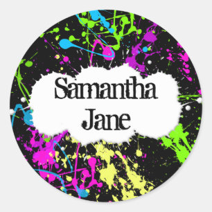 Adesivo Redondo Splatter de néon retro fresco da pintura no preto