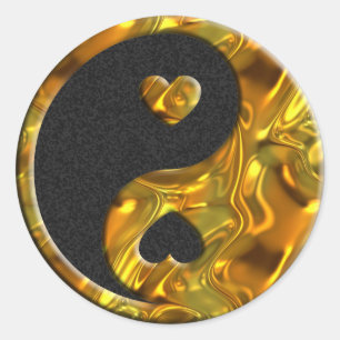 Adesivo Redondo Splatter preto do ouro de Yin & de Yang/coraçõ