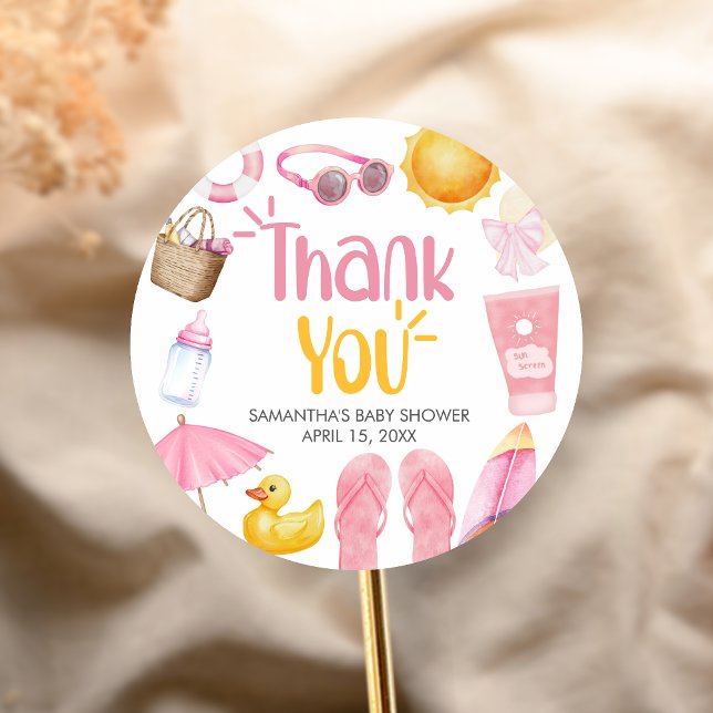 Adesivo Redondo Splish Splash Summer Baby Shower (Pink Splish Splash Baby Shower Sticker)