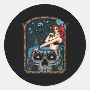 Adesivo Redondo Spookeen Halloween Gótico Skull Mermaid