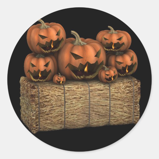 Adesivo Redondo Spookeen Pumpkins Hay Bale Halloween (Frente)