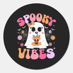 Adesivo Redondo Spookes Vibes Ghost Retro Groovy Halloween Mulhere