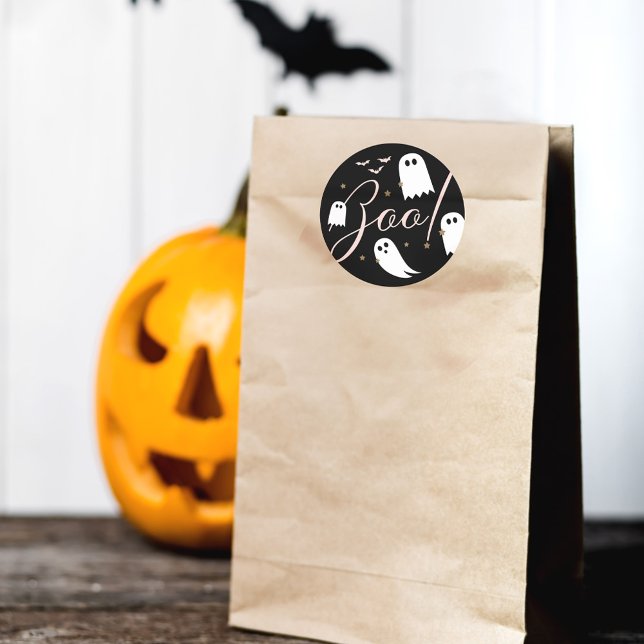 Adesivo Redondo Spooky Boo! Halloween Ghost & Bats Black (Spooky Boo! Halloween Ghost & Bats Black Classic Round Sticker)