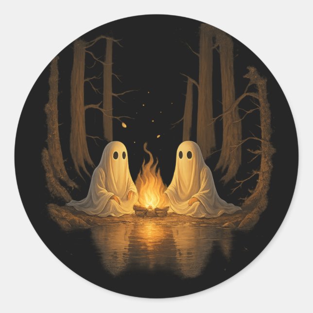 Adesivo Redondo Spooky Ghost Campfire Night Forest Art - Halloween (Frente)