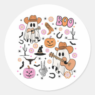 Adesivo Redondo Spooky Ghost Cowboy Cute Halloween Boo Western Ret
