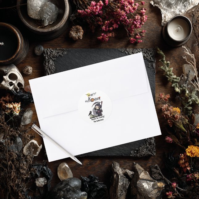 Adesivo Redondo Spooky Grim Reaper Graveyard Crow Gothic Halloween (Criador carregado)