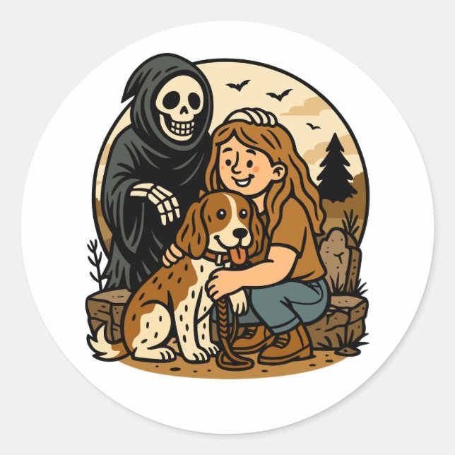 Adesivo Redondo Spooky Grim Reaper with Girl and Dog Skeleton Art  (Frente)