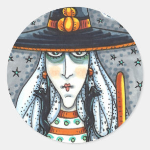ADESIVO REDONDO SPOOKY HALLOWEEN WITCH, VESTINDO JOIAS DE GATO NEG
