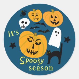 Adesivo Redondo Spooky Season Pumpkins Ghost Bat HELLOWEEN