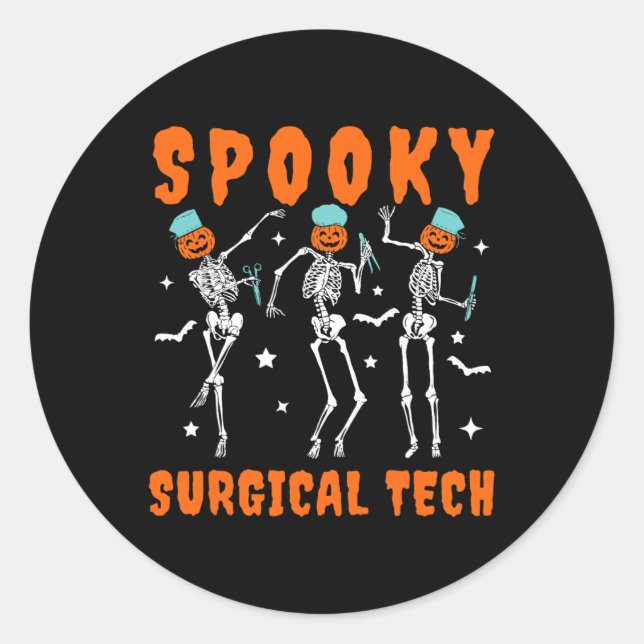 Adesivo Redondo Spooky Surgical Tech Skeleton Dancing Surgical Hal (Frente)