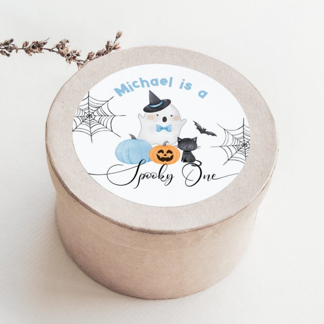 Adesivo Redondo Spooky, Um Halloween, Boo azul de aniversário (Criador carregado)