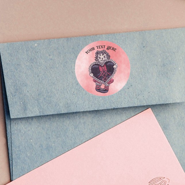 Adesivo Redondo Spooky Valentine Doll With Black Heart on Pink Red (Valentine Goth rag doll with black lace trimmed heart red bow on pink red round sticker.)