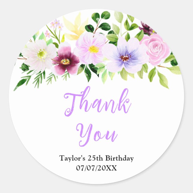Adesivo Redondo Spring Purple Floral Birthday Party Thank You (Frente)