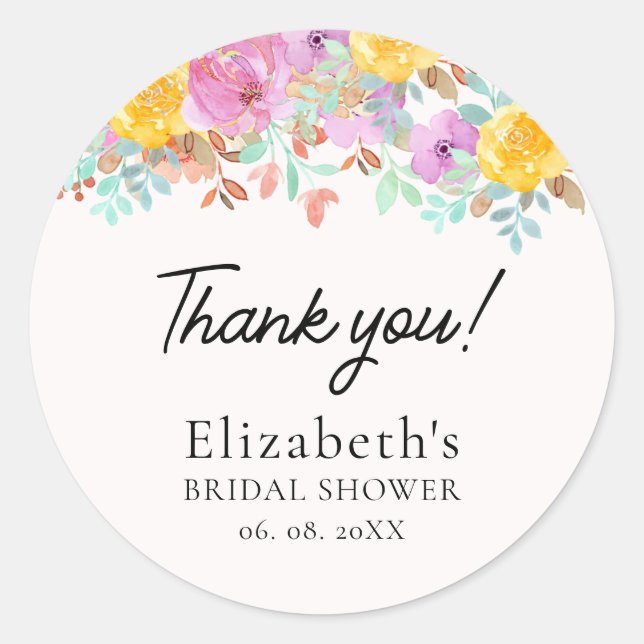 Adesivo Redondo Spring watercolor Flowers Bridal Shower (Frente)