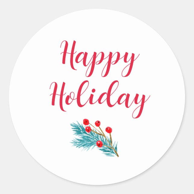 Adesivo Redondo Spruce de Aquarela Feliz Feriado e Berries Vermelh (Frente)