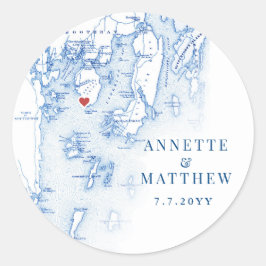Adesivo Redondo Spruce Point Maine Map Elegante Blue Weddera Favor