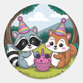 Adesivo Redondo Squirrel and Raccoon cute Birthday