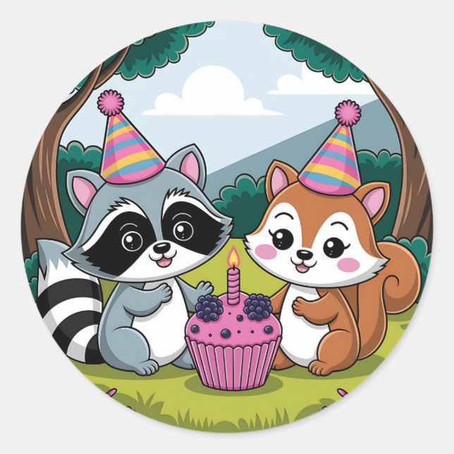 Adesivo Redondo Squirrel and Raccoon cute Birthday (Frente)