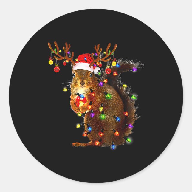 Adesivo Redondo Squirrel Christmas Tree Lights Reindeer Santa Hat  (Frente)